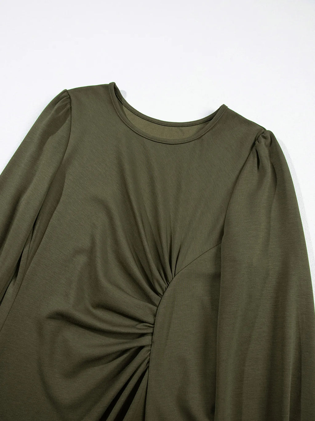 Solid Color Ruched Detail Long Sleeve Midi Dress 6b96f50dd8f54a21b8aa1add5974055e-Max-Origin