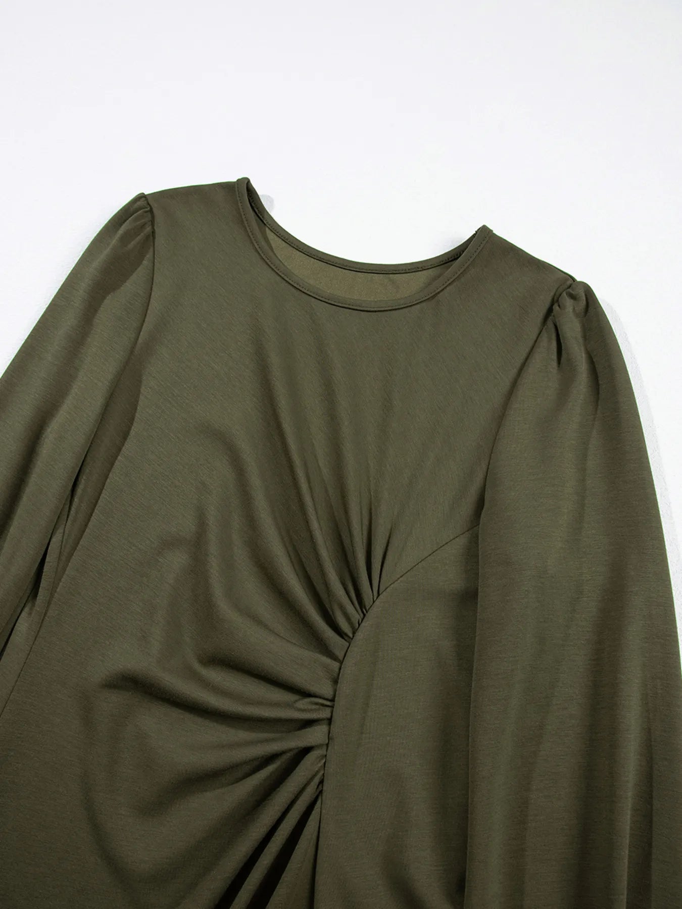 Solid Color Ruched Detail Long Sleeve Midi Dress 6b96f50dd8f54a21b8aa1add5974055e-Max-Origin