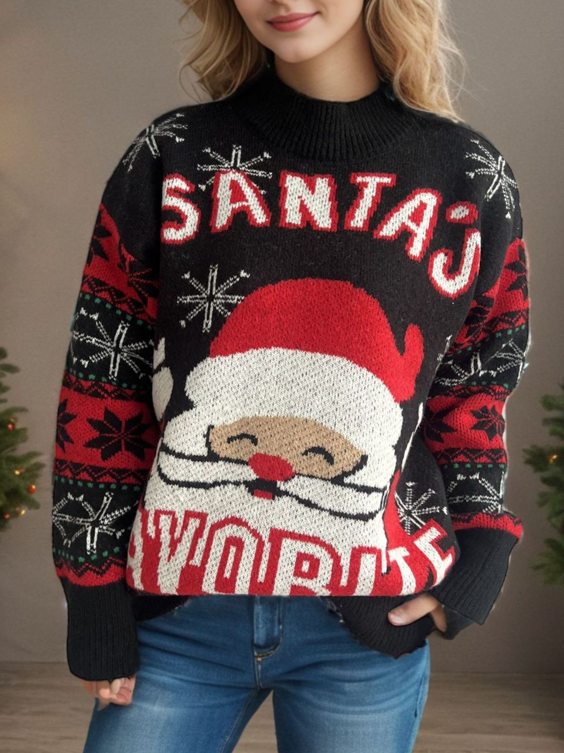 Santa Mock Neck Long Sleeve Sweater