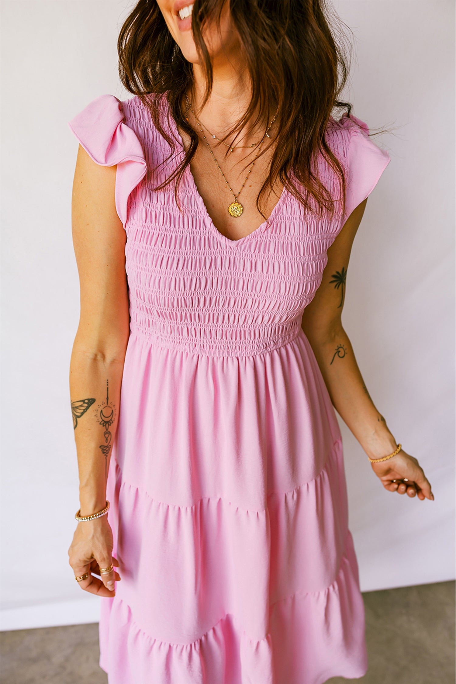 Pink Smocked Bodice Flutter Sleeve Fit Flare Tiered Midi Dress 6b9db8952a088844