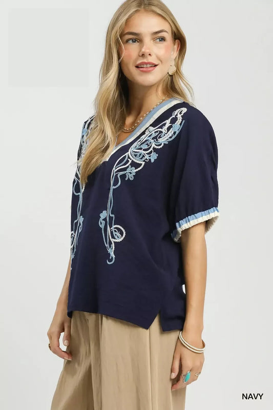 Embroidered Floral V-Neck Short Sleeve Blouse with Contrast Trim 6ba0c7d9-9efe-4d94-a19d-d10c59b8828d-Max-Origin