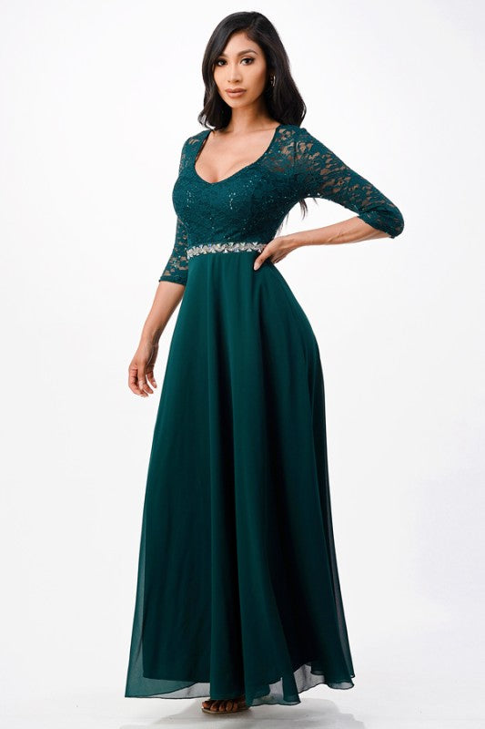 Plus Size A-Line Evening Dress – 3/4 Sleeve Lace Rhinestone Waist Gown 6ba63dfd-c6e6-4c9f-8685-5d12f158497f
