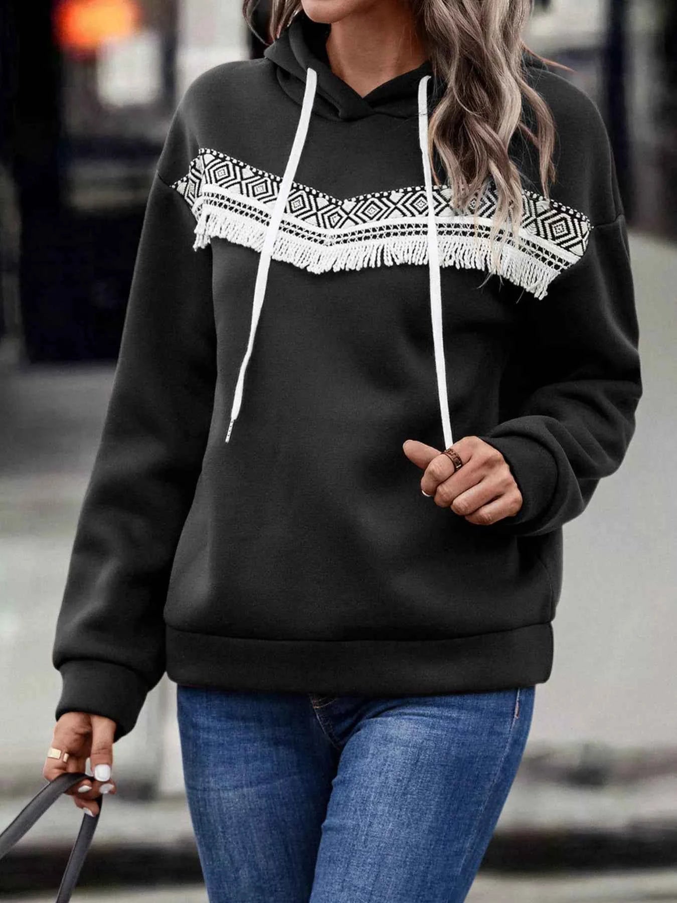 Fringe Detail Long Sleeve Drawstring Hoodie 6baae121-fcb9-4433-aebc-f2527da3c2ce-Max-Origin