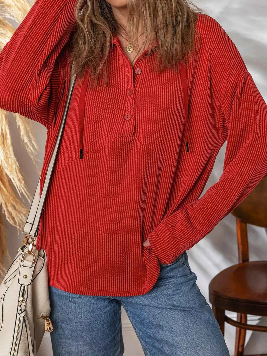 Twist Ribbed Half Button Collared Drawstring Top 6bb27fd9c5624c629034ecca335892f1-Max-Origin