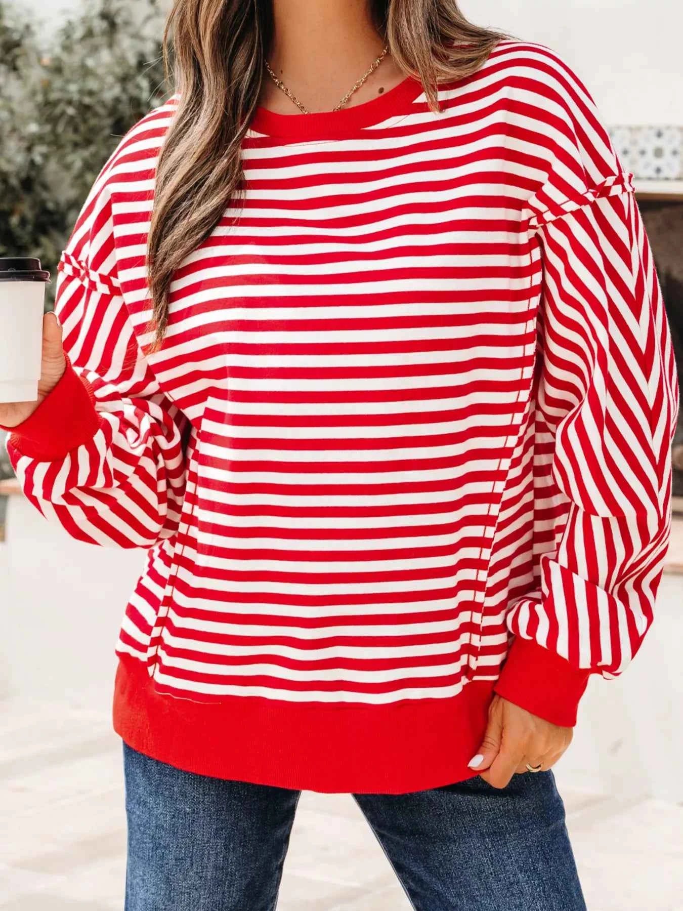 Stripe Exposed Seam Drop Shoulder Casual Top 6bb3898e27654f21ba10d6d5f6143f45-Max-Origin