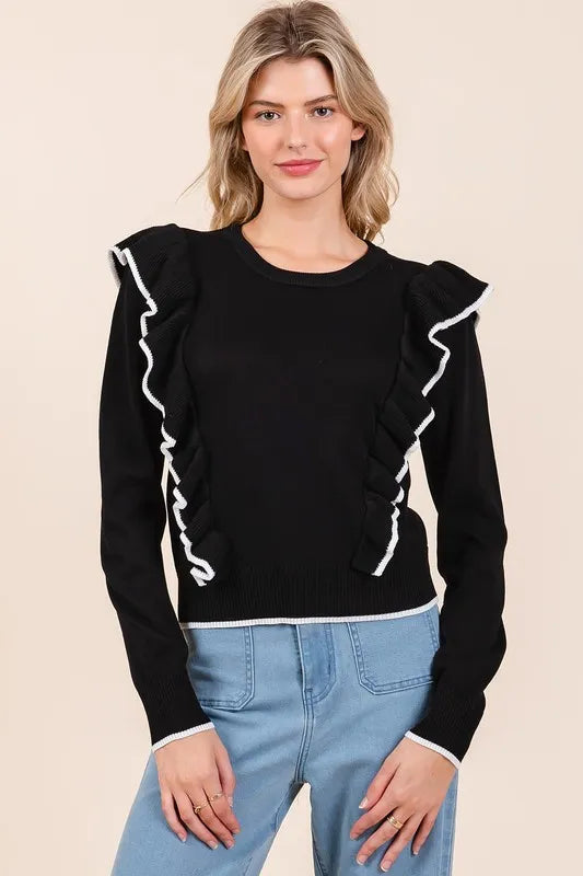 Mittoshop Contrast Trim Ruffled Round Neck Knit Top Black 6bb4ed61-31bc-4152-b69f-84ea7f5615fc-Max