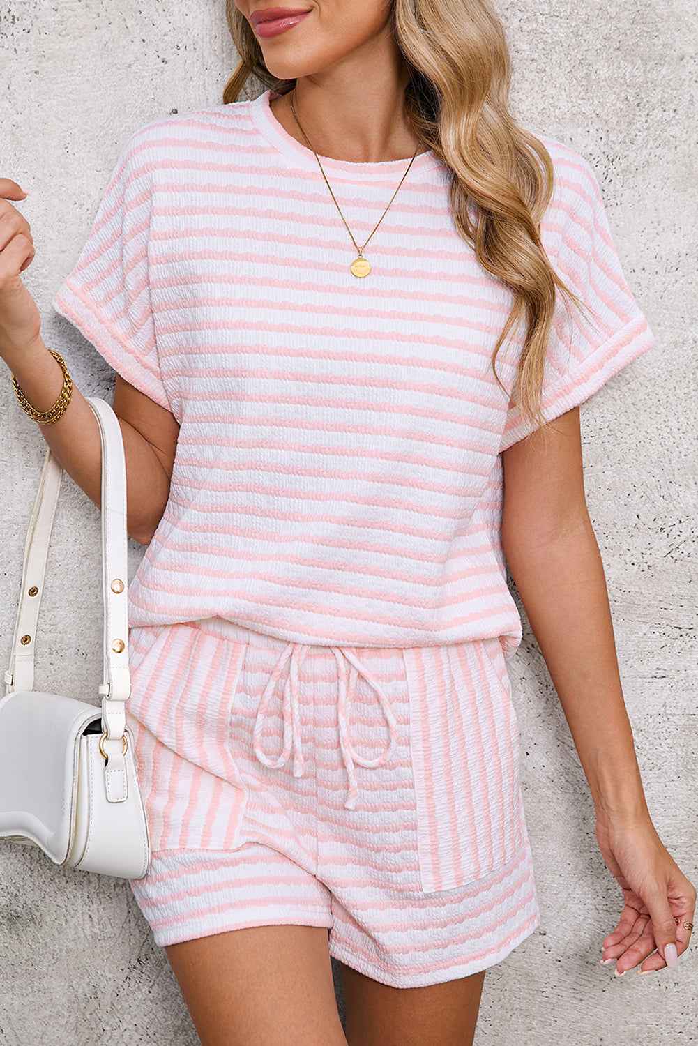 Sky Blue Striped Print Short Sleeve Top and Pocket Shorts Set Pink Stripe 6bb54ff5dc89c07c