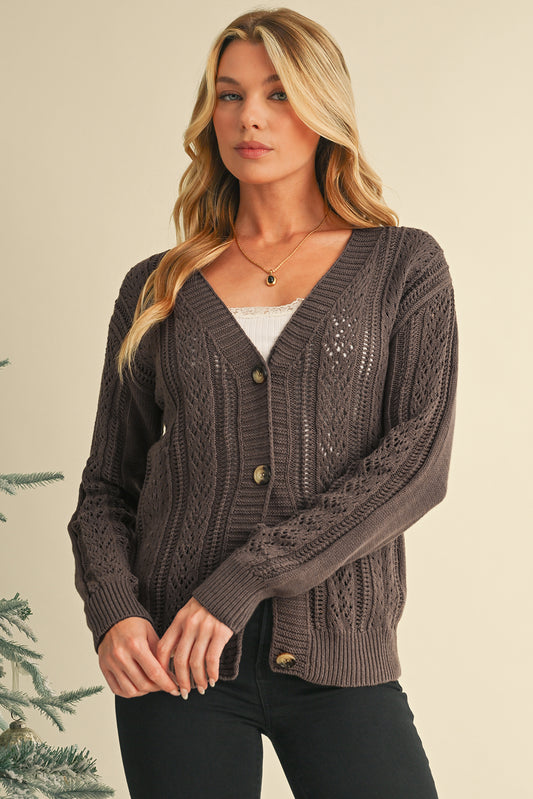 Dark Khaki Hollow Knit Drop Shoulder Cardigan 6bba237241165910