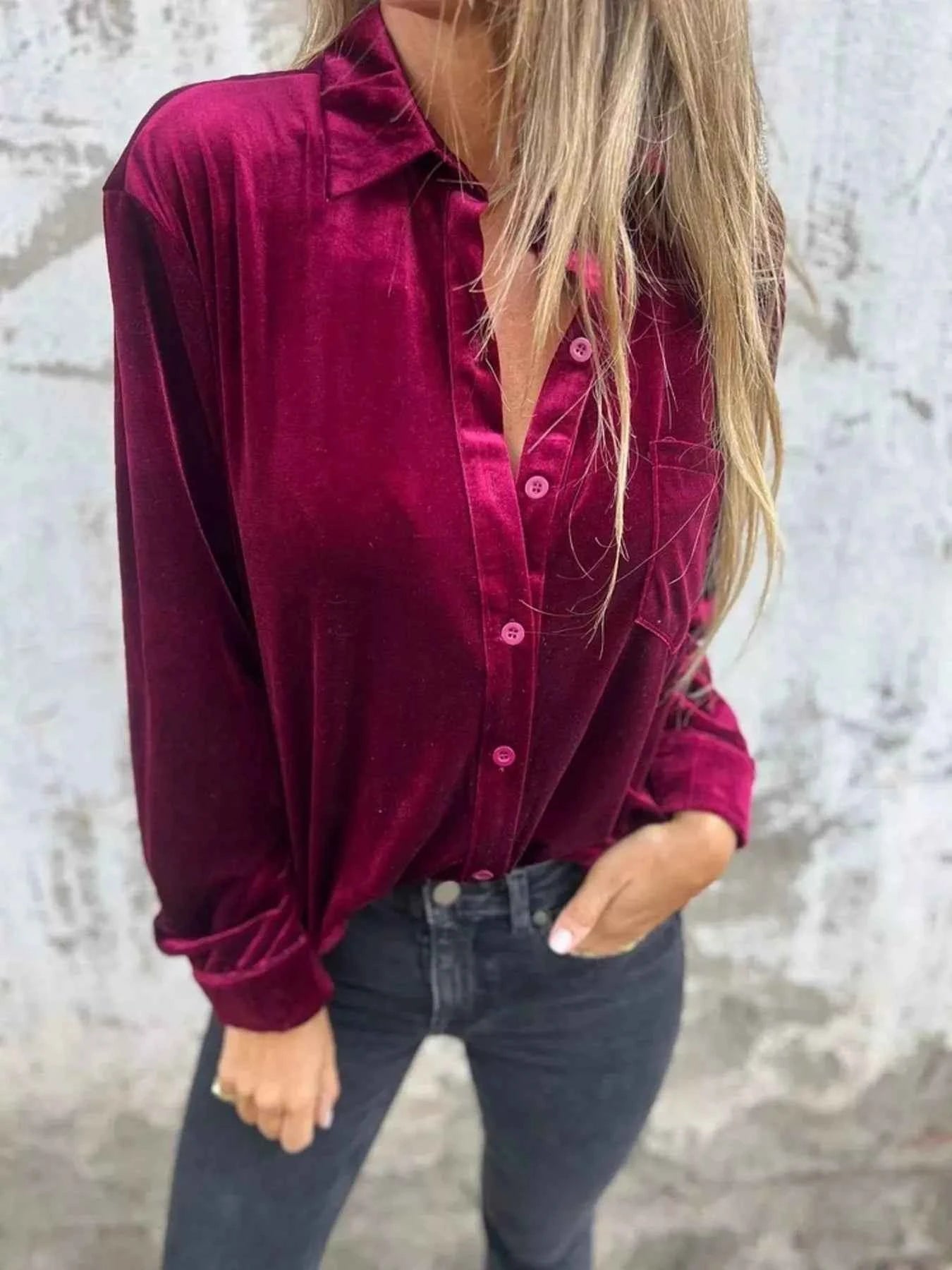 Full Size Velvet Button-Up Long Sleeve Shirt Plus Size Wine Red 6bbec3c9a6d94b7a9764408415e2d027-Max-Origin