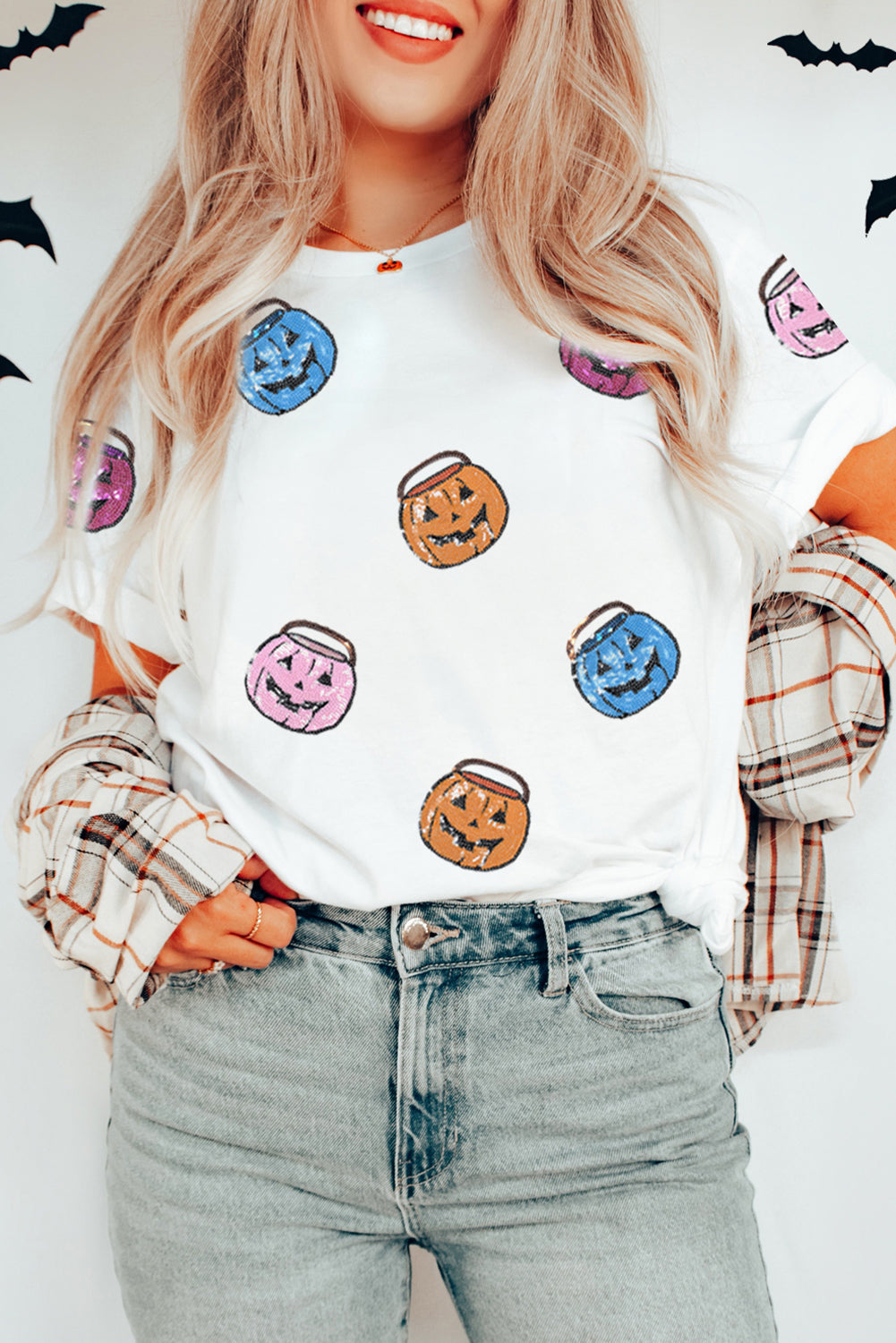 White Sequin Pumpkin Face Patched Crew Neck Holiday T Shirt White 62%Polyester+32%Cotton+6%Elastane 6bc0658ff021924f