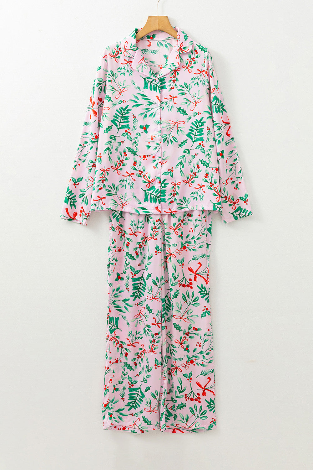 Pink Christmas Print Plush Edge Collar Shirt Pants Pajama Set 6bc77f37b280e586