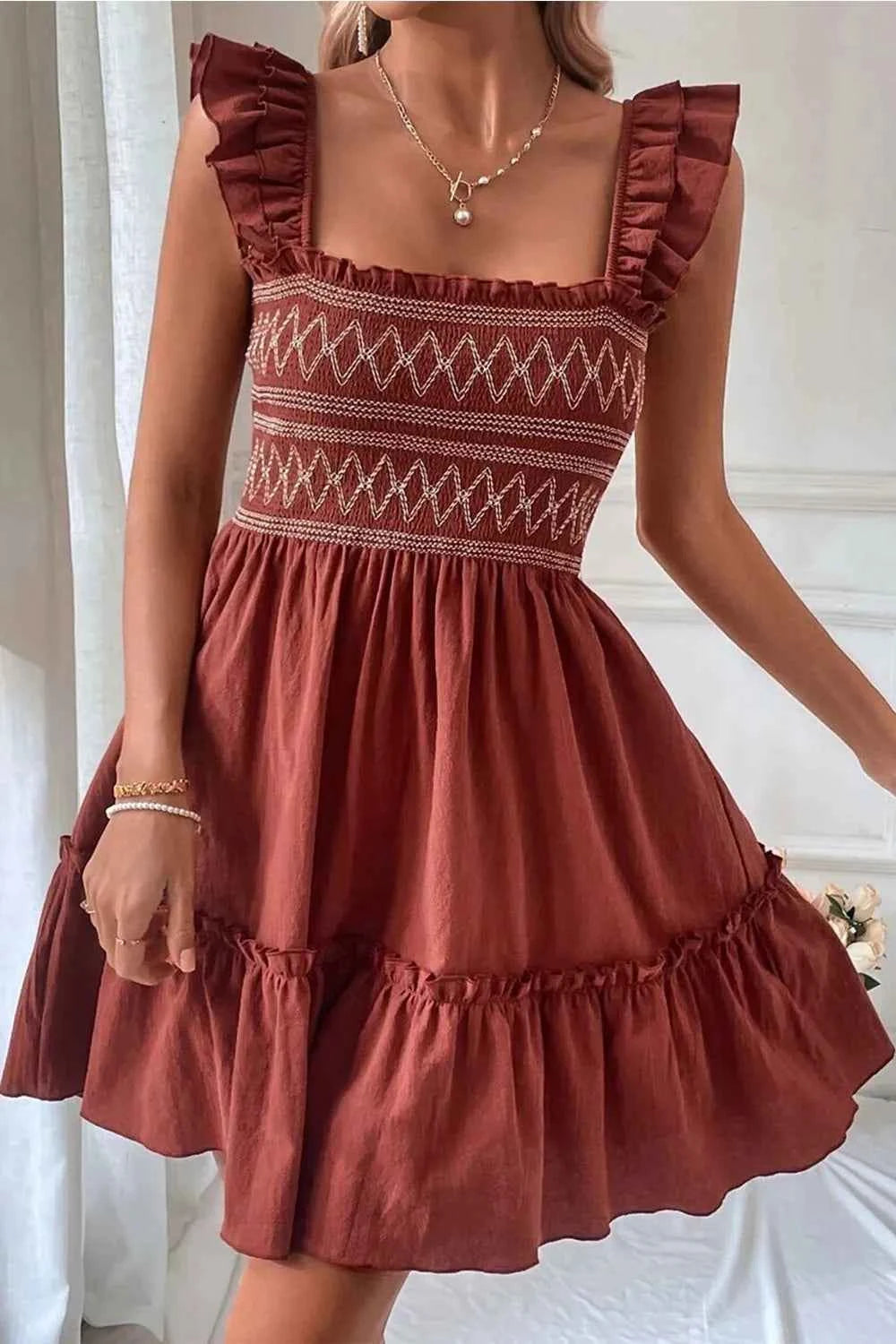 Ruffled Smocked Cap Sleeve Mini Dress 6bc7f5f3-c08f-437d-b6c1-b9e769e08b25-Max-Origin