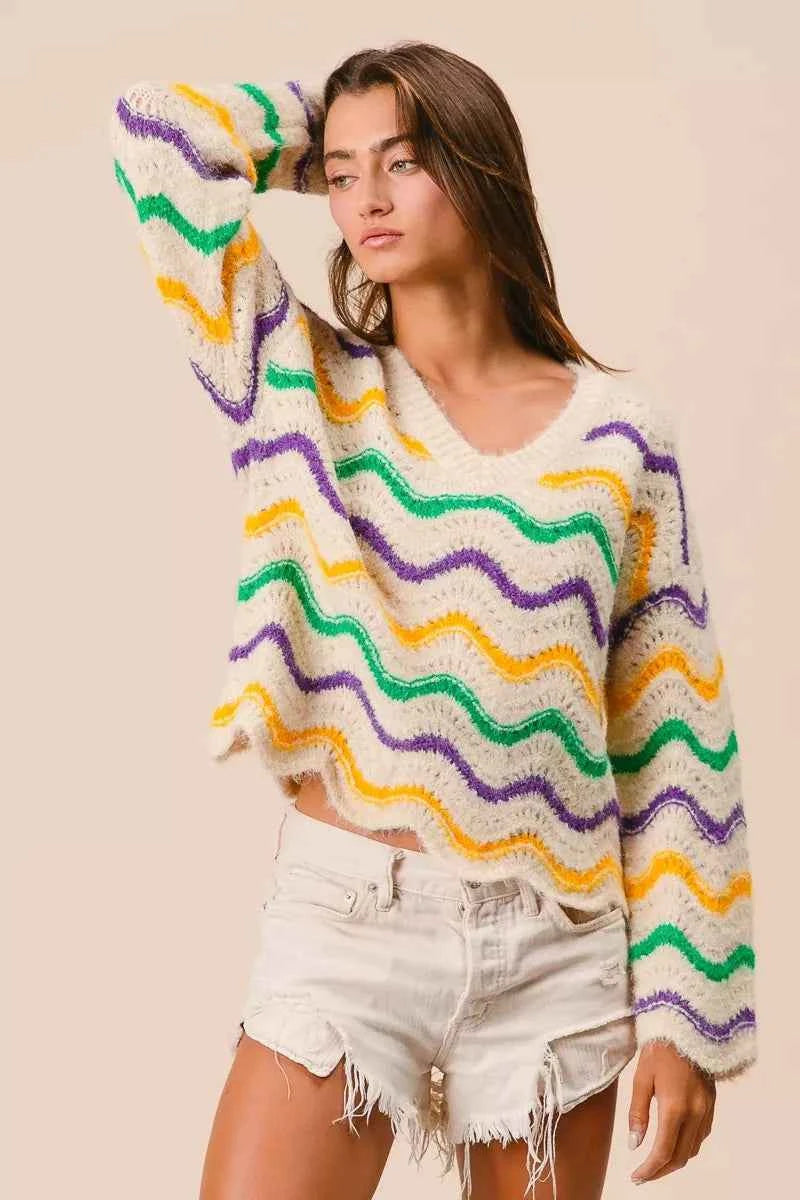BiBi Mardi Gras Wavy Stripes V-Neck Sweater 6bc98005ea964215b296c55062f086f4-Max-Origin