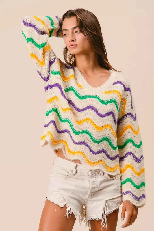 Mardi Gras Wavy Stripes V-Neck Sweater 6bc98005ea964215b296c55062f086f4-Max-Origin