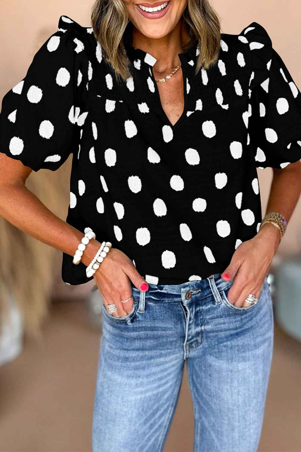 Rose Polka Dot Print Shirred Notched Neck Puff Sleeve Blouse Black 6bc9e816cfb27536