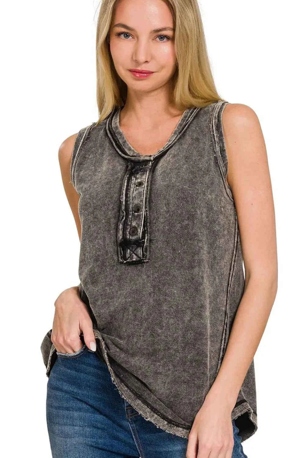 Zenana Washed Half-Button Raw Edge Sleeveless Henley Top ASH BLACK 6bcbdb96-a376-4b62-9f8e-6ac35e6be1d1-Max-Origin