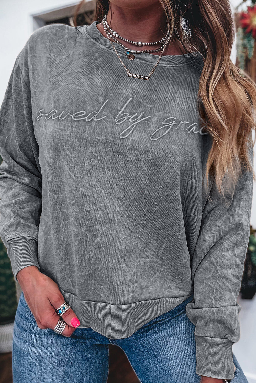 Sea Green saved by grace Letter Embroidery Mineral Wash Loose Sweatshirt 6bd0ad52716cb71f