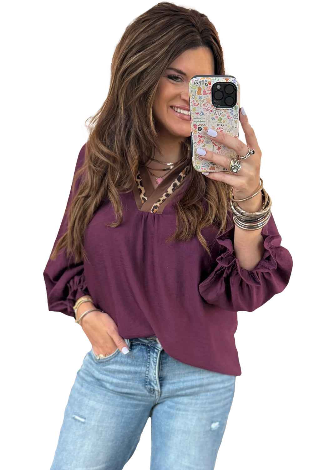 Dirty blue Leopard Trim V Neck Flounced Bracelet Sleeve Blouse 6bd119acb9e21534