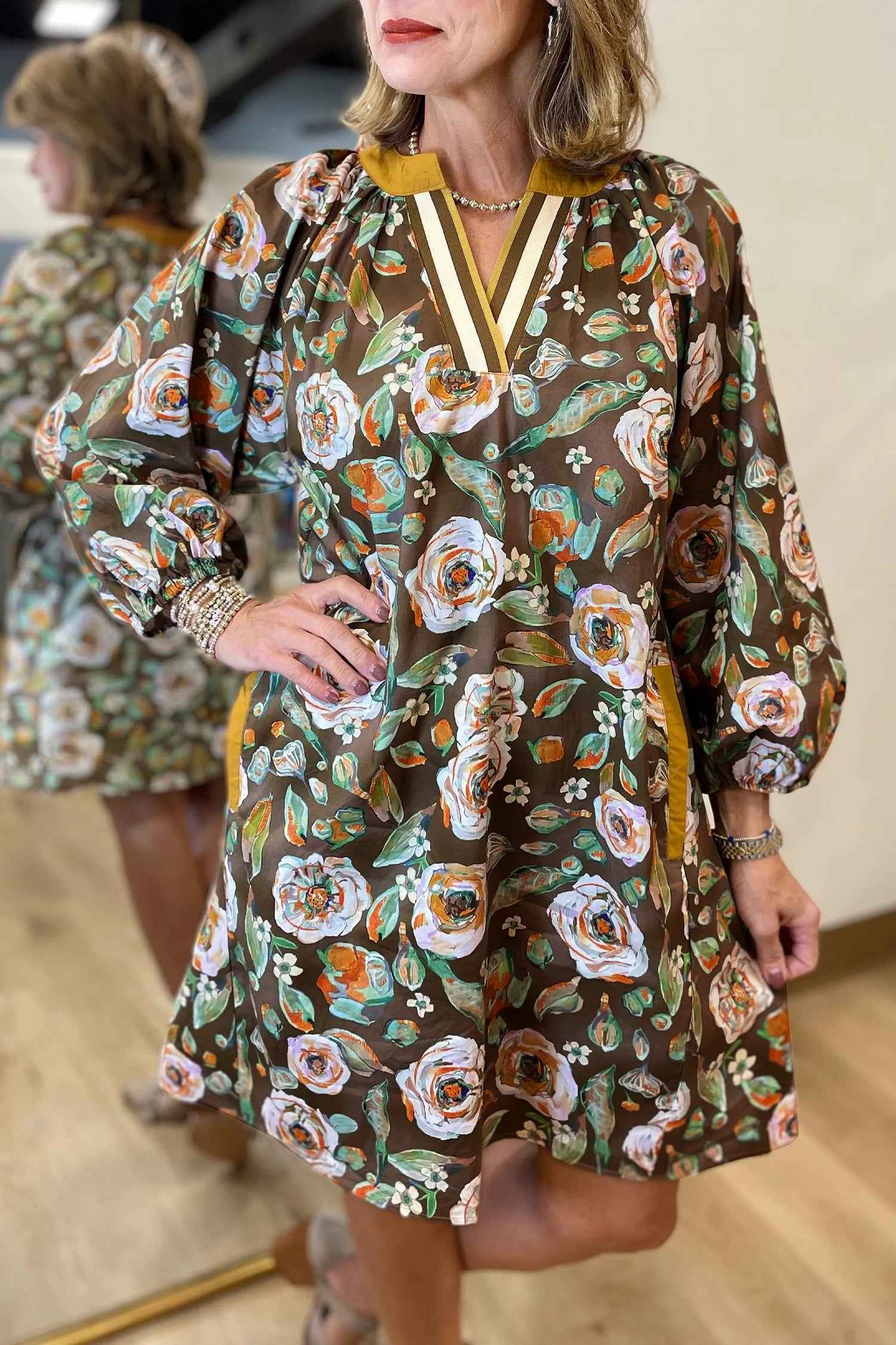 Brown Floral Print Contrast Trim V Neck Pocketed Long Sleeve Mini Dress Brown 100%Cotton 6bd201ece86e6522