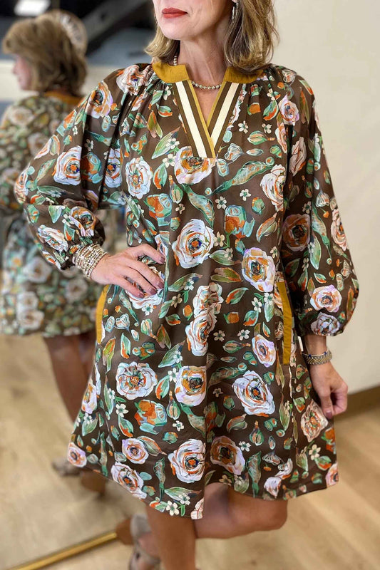 Brown Floral Print Contrast Trim V Neck Pocketed Long Sleeve Mini Dress Brown 100%Cotton 6bd201ece86e6522