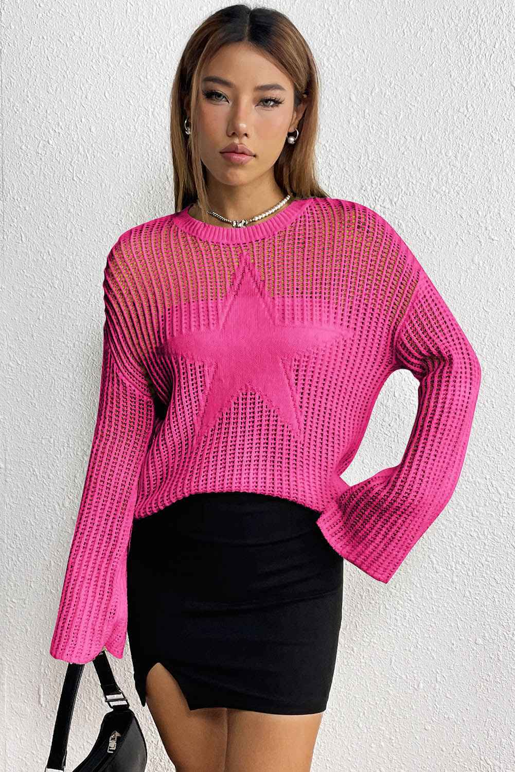 Rose Star Pattern Lightweight Hollow Knit Sweater 6bd2a3e973a158ab
