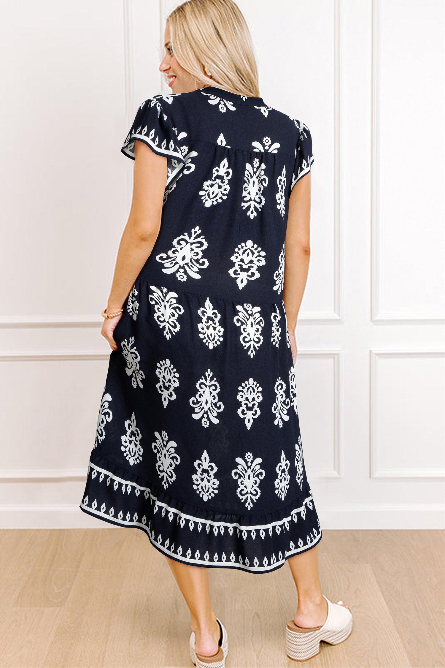 Blue Western Ethnic Print Notched Neck Short Sleeve Midi Dress 6bd94b904adb09fd