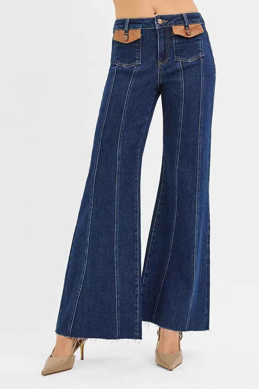 RISEN High Rise Wide Flare Jeans with Front Leather Pocket Detail 6bd9d75003cc4cf29a51ce6325014f37-Max-Origin
