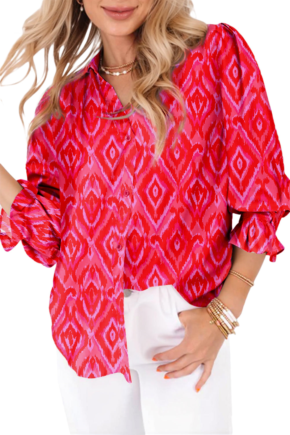 Strawberry Pink Abstract Print Puff Sleeve Shirt 6bdc2173c2c118c1