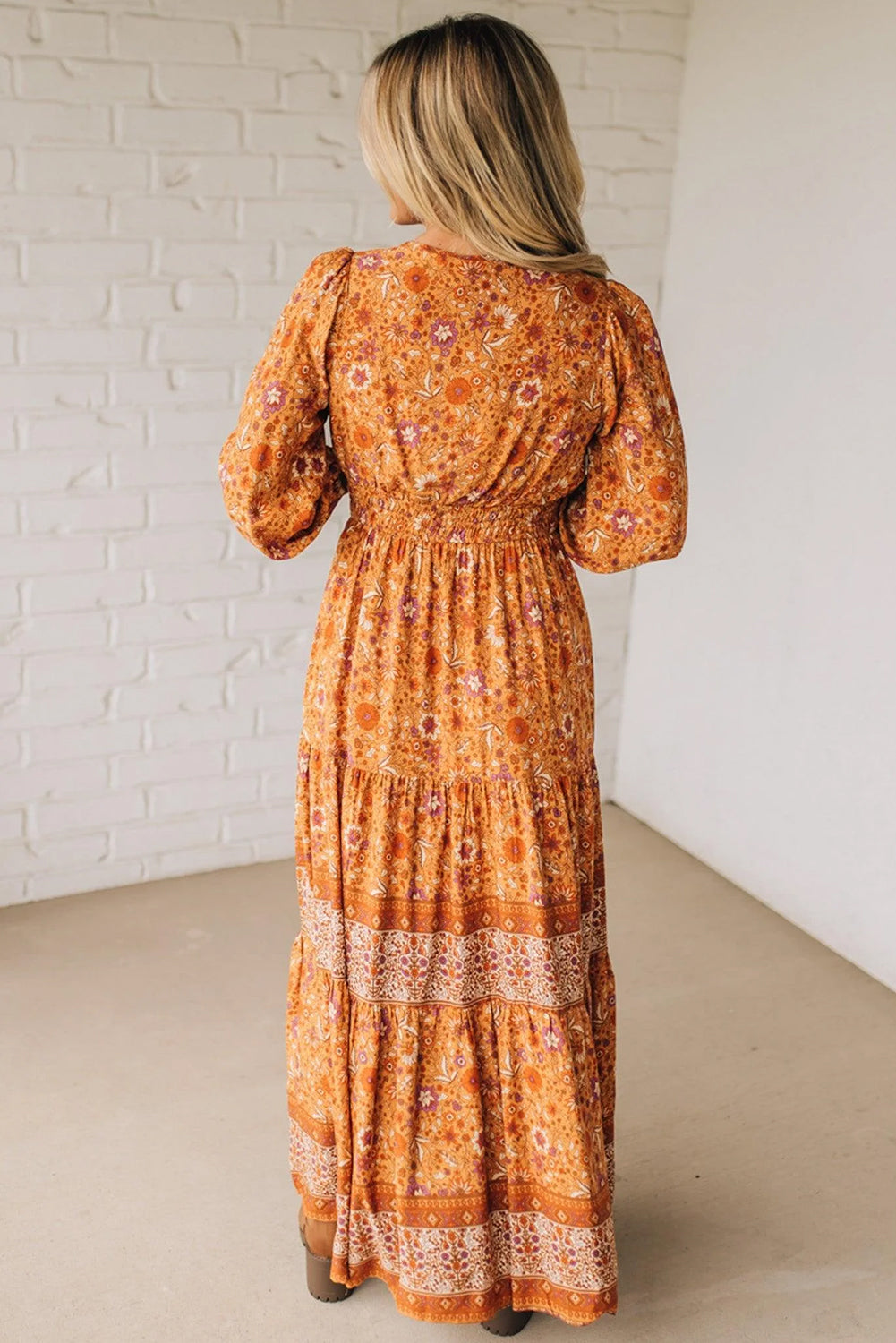Orange Floral Print Smocked Waist Long Sleeve Boho Maxi Dress 6be0ebdf80a0392a