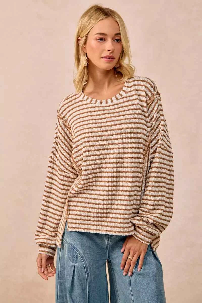 Open Seam Detail Textured Stripe Knit Top 6be0ef0112cc415799cea35bcffa9177-Max-Origin