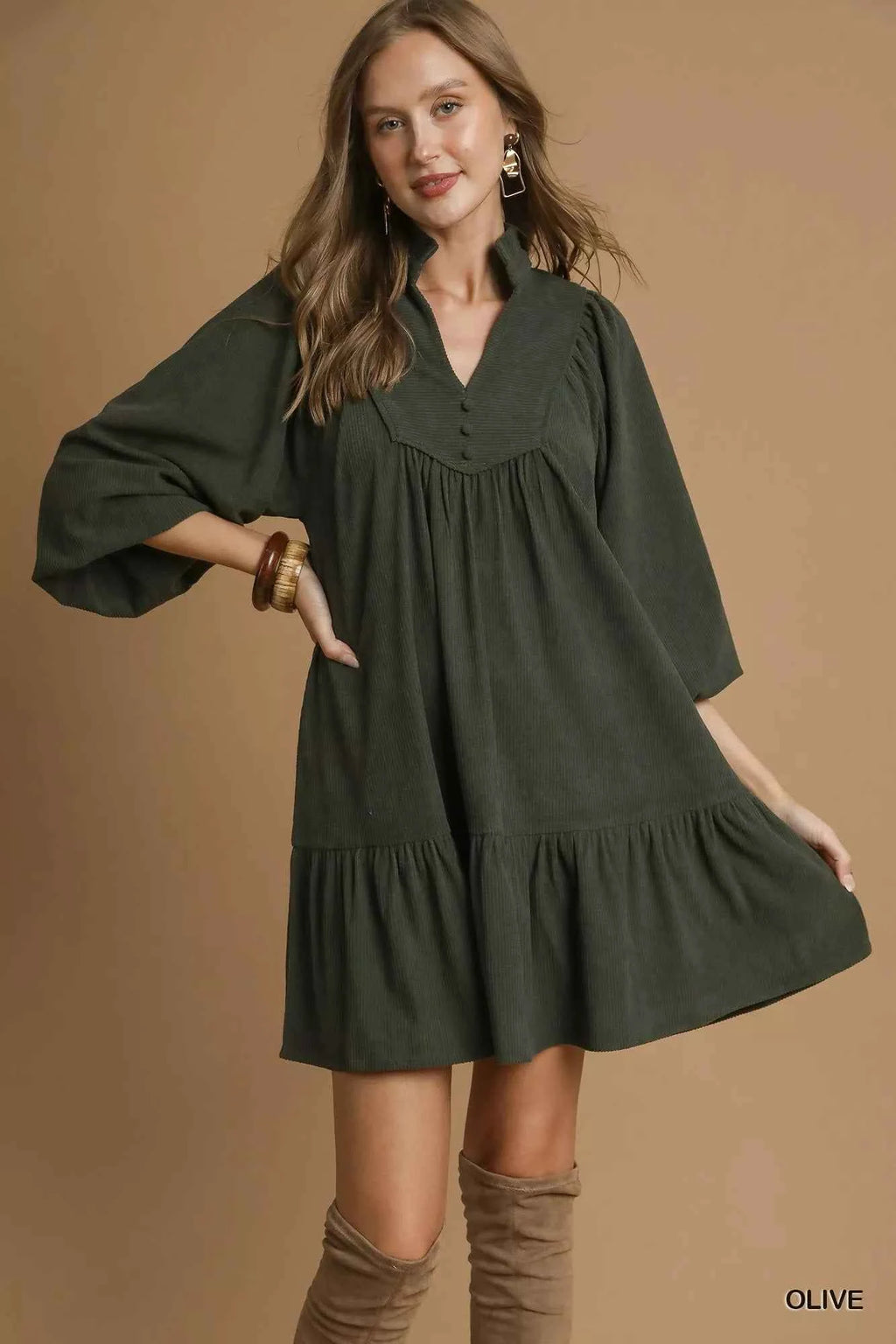 Umgee Corduroy Tiered Babydoll Dress Olive 6bec3563-a589-4a8a-81b2-3a3f12f2f7e3-Max-Origin