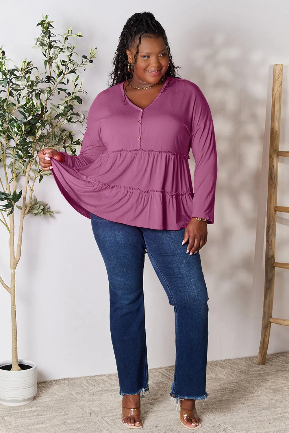 Double Take Half Button Long Sleeve Ruffle Hem Blouse 6bf0193fd8264dd08c2b7f7043a9aa7f-Max