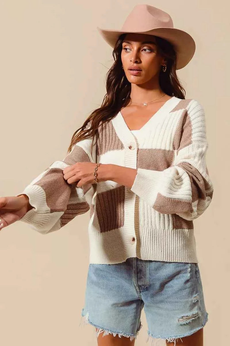 SO ME Checkered Button Front Ribbed Sweater Cardigan 6bf070a28fe5416694eeb8ca2725ab9e-Max-Origin