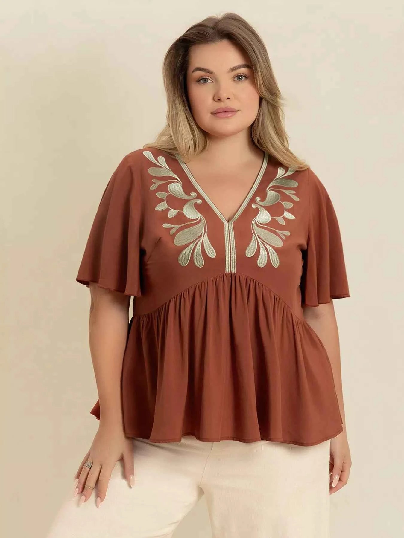 Plus Size Embroidered V-Neck Flutter Sleeve Blouse Caramel 6bf7e93a-820b-40ac-8bc1-0e43c0ff37b7-Max-Origin