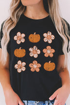 Black Pumpkin Flower Print Short Sleeve Graphic T Shirt 6bfb3f25825fc833