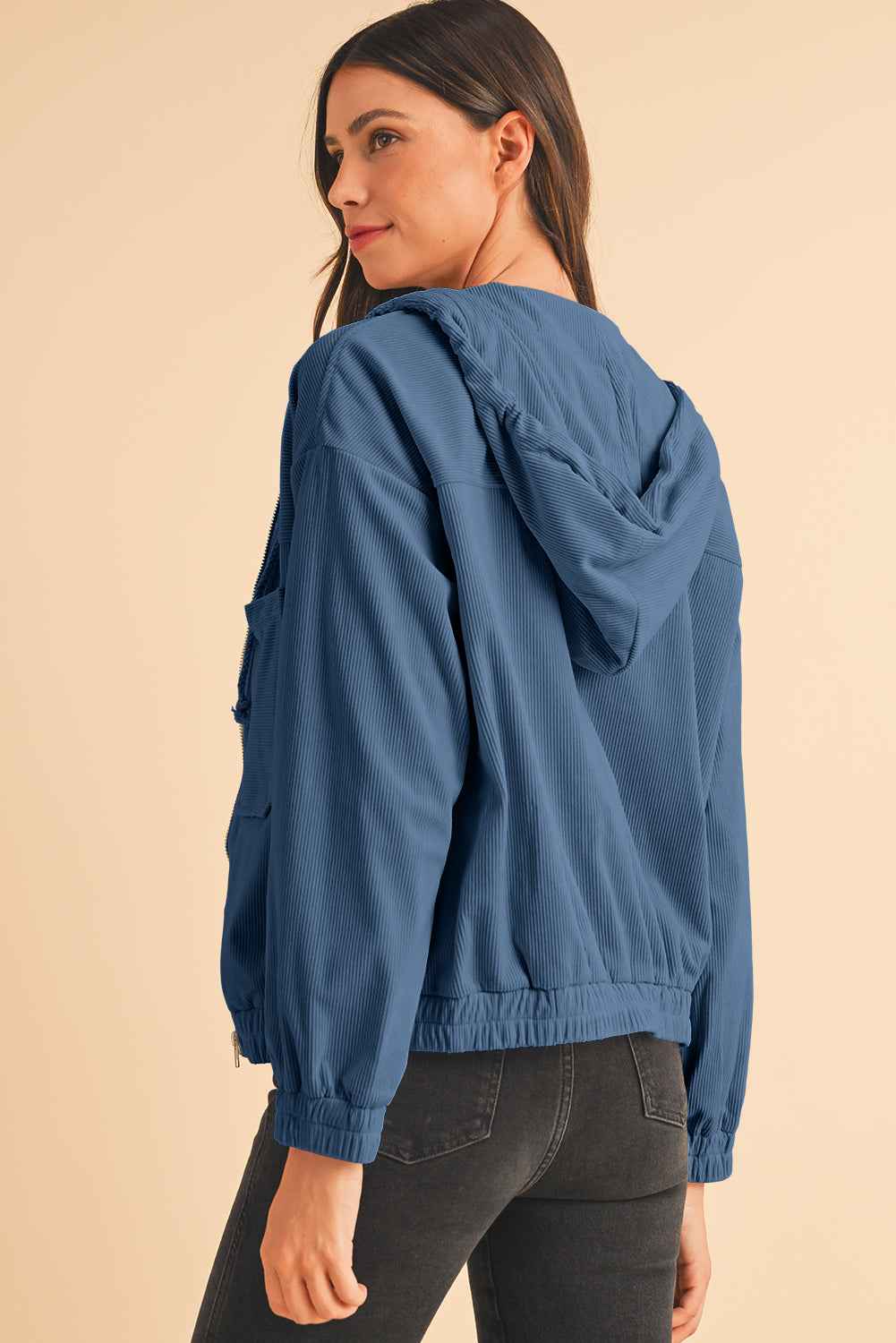 Real Teal Corduroy Drawstring Hooded Pocket Zip Up Jacket 6bfd3754b54bf9ac