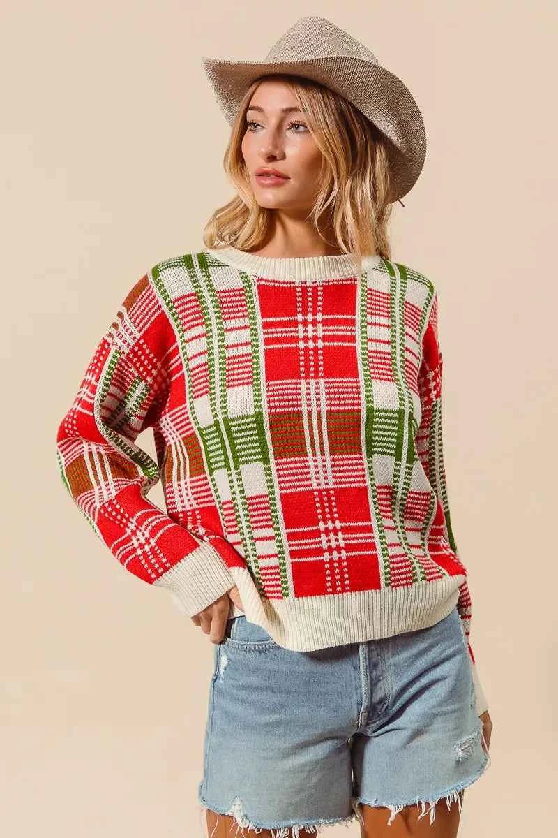 SO ME Christmas Color Checkered Plaid Crew Neck Sweater 6bfdf23682ae4d1dac3ddfb11a9f6986-Max-Origin