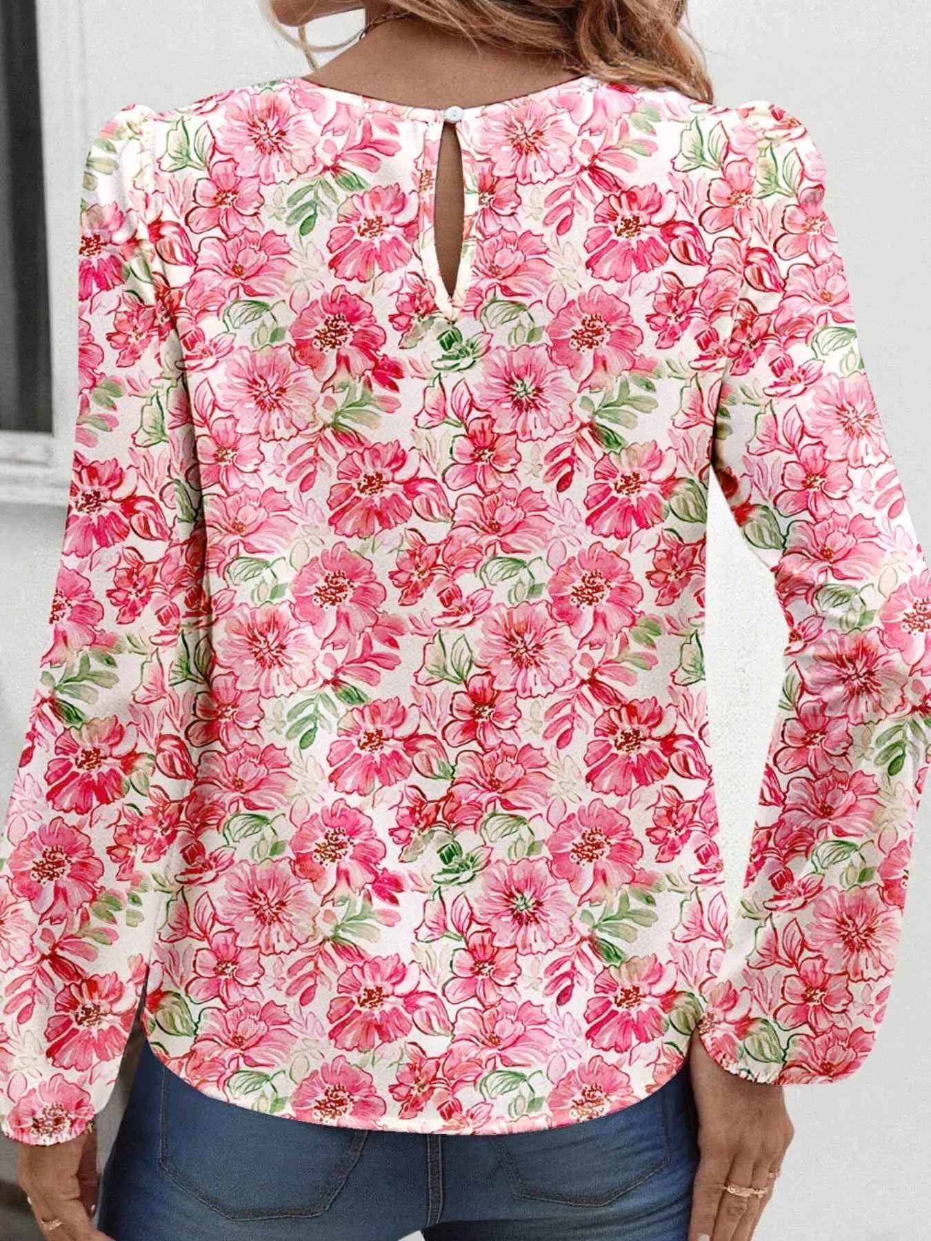 Floral Print Keyhole Neck Blouse 6bfe490d18804ffb9dcff5adbe0724a1-Max-Origin