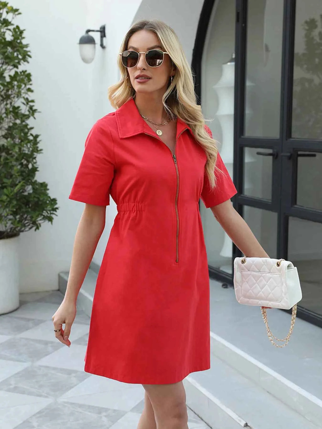 Zip-Front Short Sleeve Shirt Dress 6c023bf6d1f0497784bb64b20d470d7a-Max-Origin