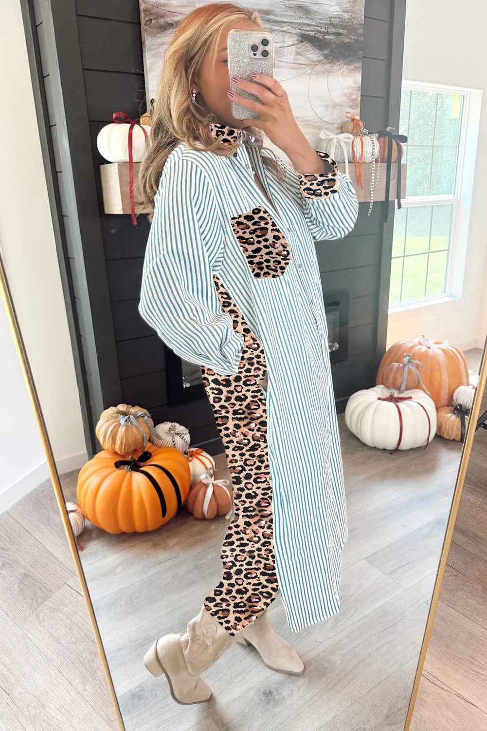 Brown Stripe Contrast Leopard Patchwork Shirt Dress 6c05f77df387e8f7