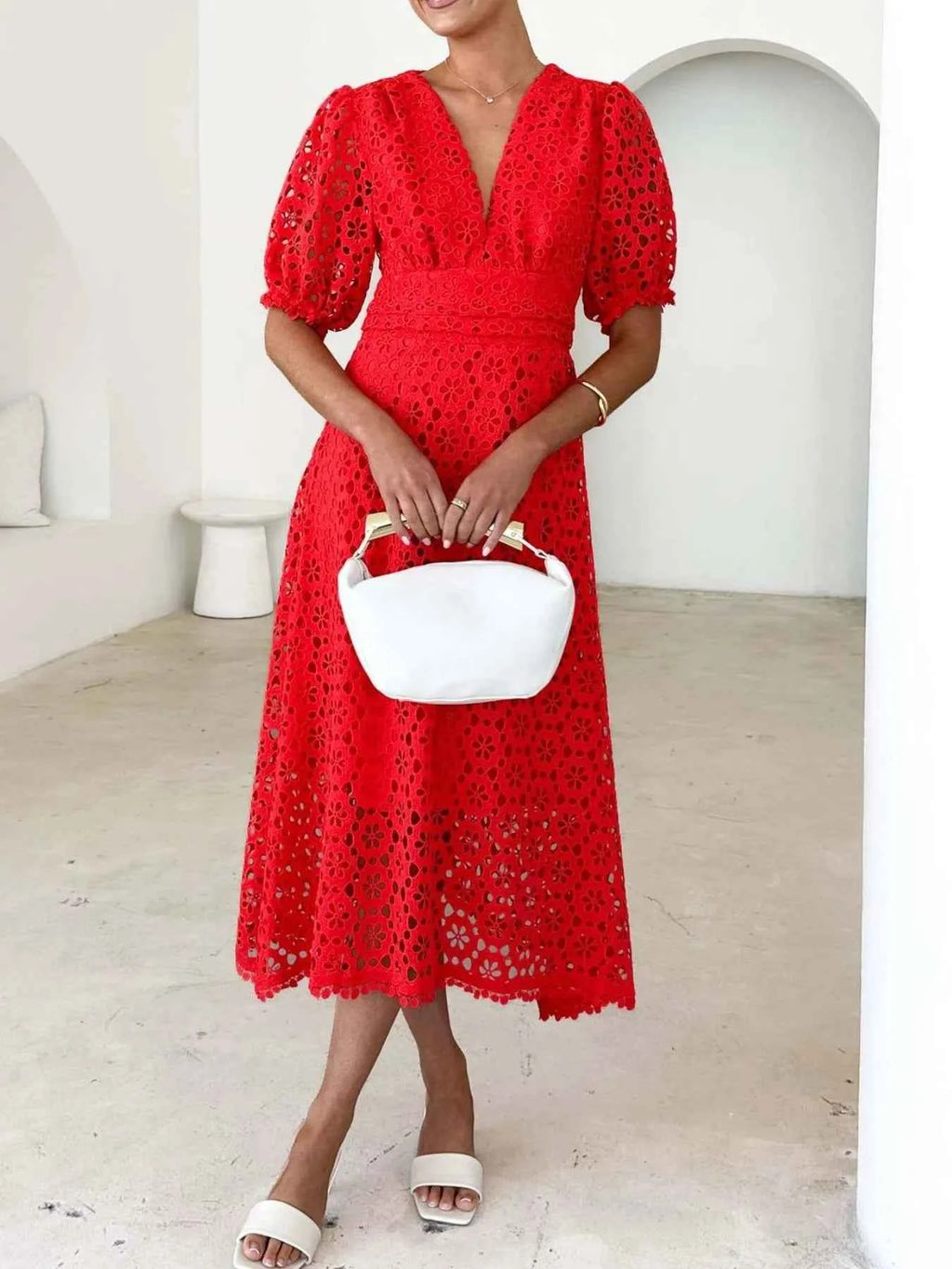 Eyelet Lace V-Neck Midi Dress with Puff Sleeves 6c06f213-fa43-43a4-a042-9fc23500ddcc-Max-Origin