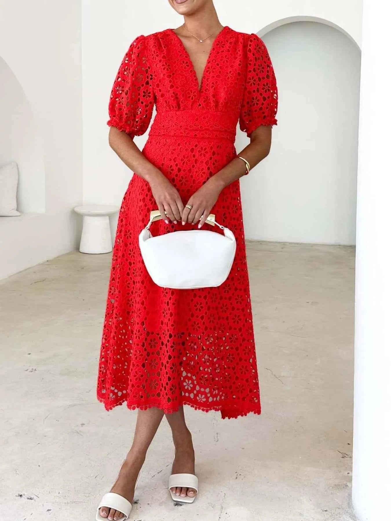 Eyelet Lace V-Neck Midi Dress with Puff Sleeves 6c06f213-fa43-43a4-a042-9fc23500ddcc-Max-Origin