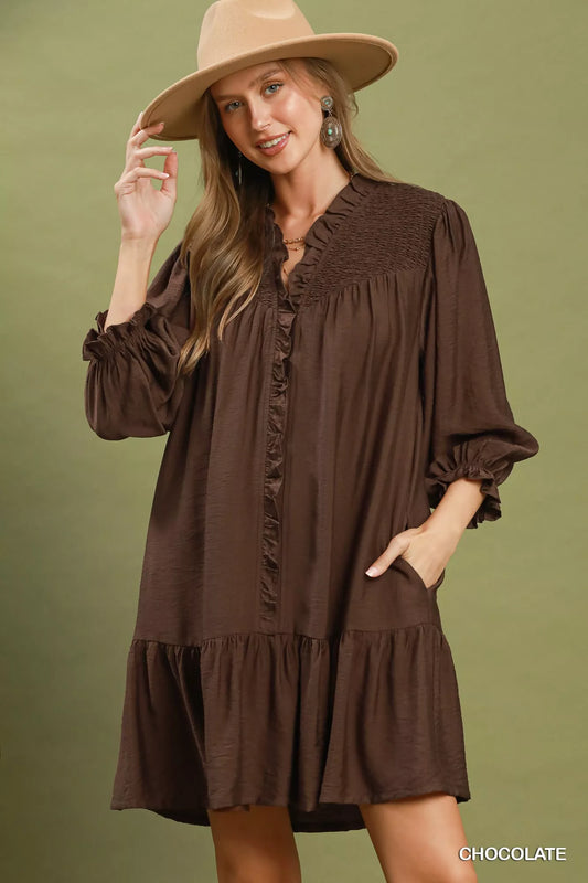 Smocked Ruffle Detail Tiered Mini Dress CHOCOLATE 6c09383b-ca63-427b-a50c-fc1d4ae78a3c-Max-Origin