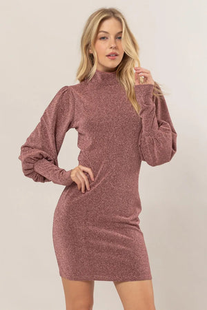 Glitter Mock Neck Long Sleeve Mini Dress Rose 6c09a0b4-70c9-42f4-8c38-322f7e0aaafd-Max