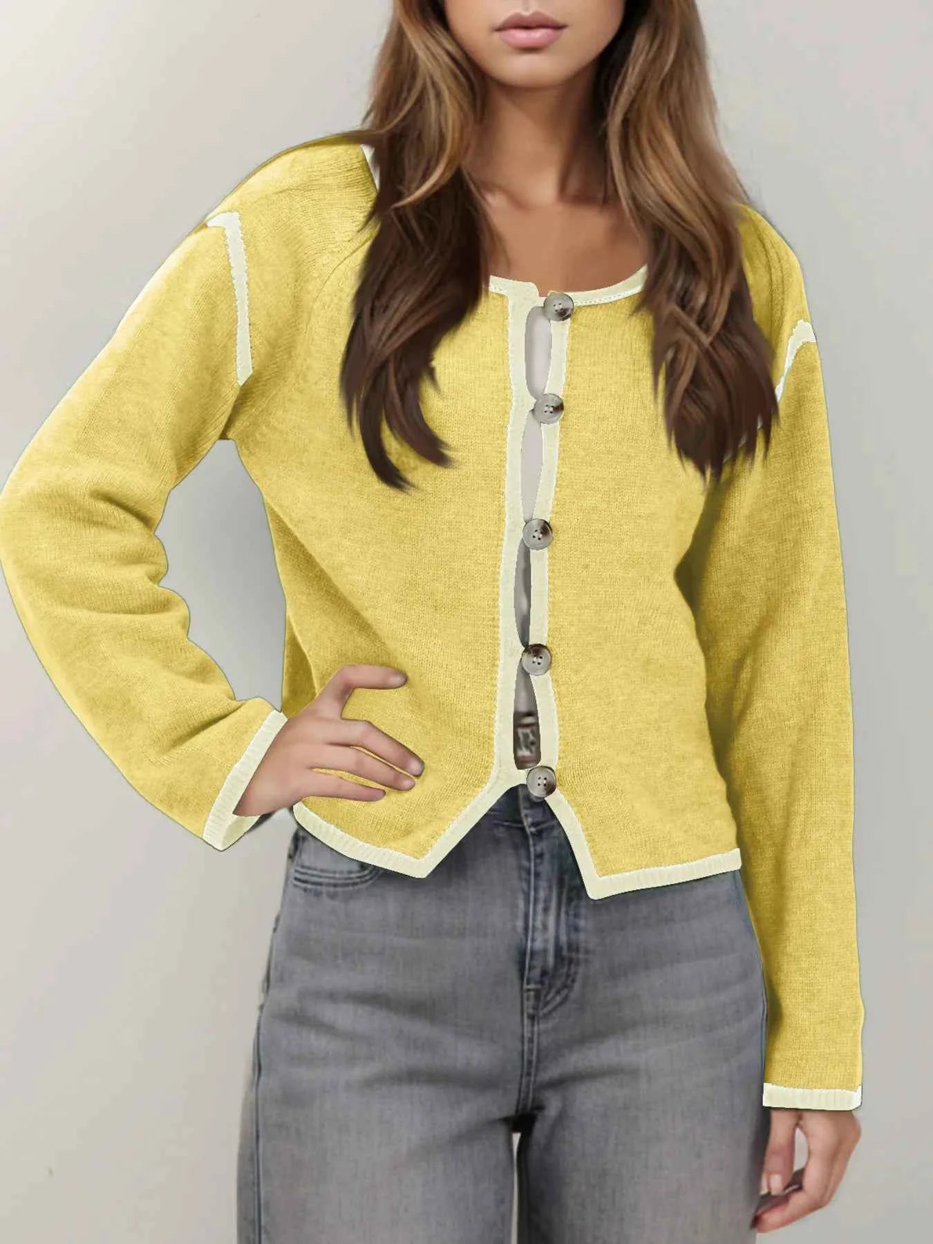 Button-Front Cardigan with Contrast Trim Yellow 6c0bed0ff16d41fe89927d21fb1aa307-Max-Origin