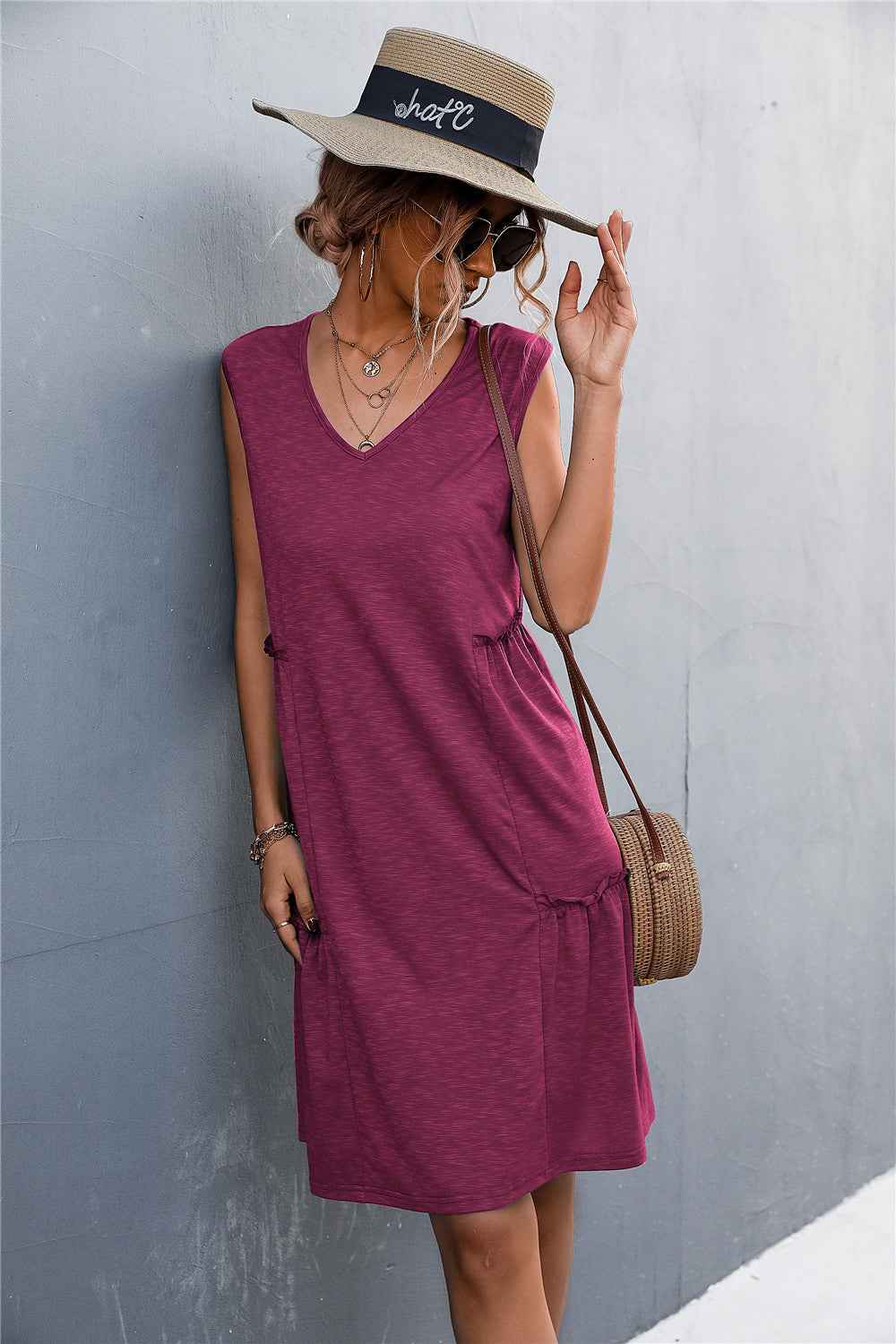 V-Neck Frill Trim Sleeveless Dress 6c0d29a60ddc4173a25f9d2c34620bea-Max