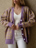 Geometric Patterned Button-Down Cardigan Purple One Size 6c0d68c2-3073-4440-a577-19f78ff29f2c-Max-Origin