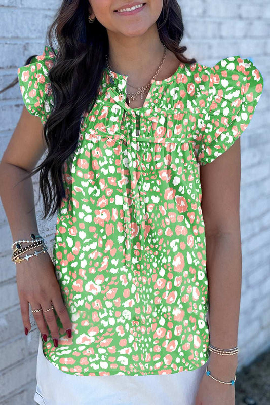 Green Abstract Leopard Tie Front Flutter Sleeve Blouse Green 6c0dc7d1ba35477a-_1