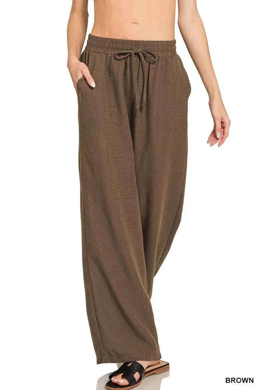 Zenana Woven Crepe Elastic Band Pants BROWN 6c188b729d49452db42a76e0ef6de7d9-Max-Origin