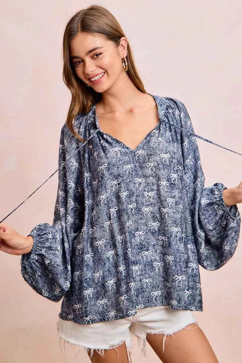 BiBi Ribbon Bow Print Exaggerated Balloon Sleeves Top 6c19a3c832434267bae31f42b65dde51-Max-Origin